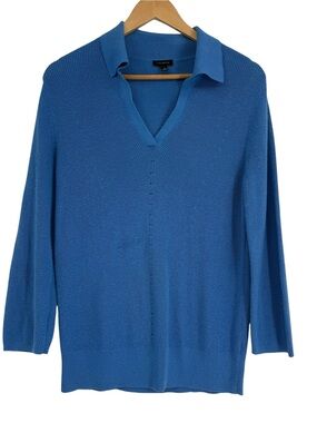 Talbots Womens Blue Ribbed Johnny Collar V-Neck 3/4 Sleeve Sweater Size Large